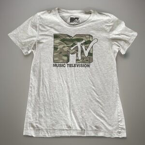 MTV T Shirt Womens L Gray Camo Logo Retro Graphic Tee 90s Style Streetwear